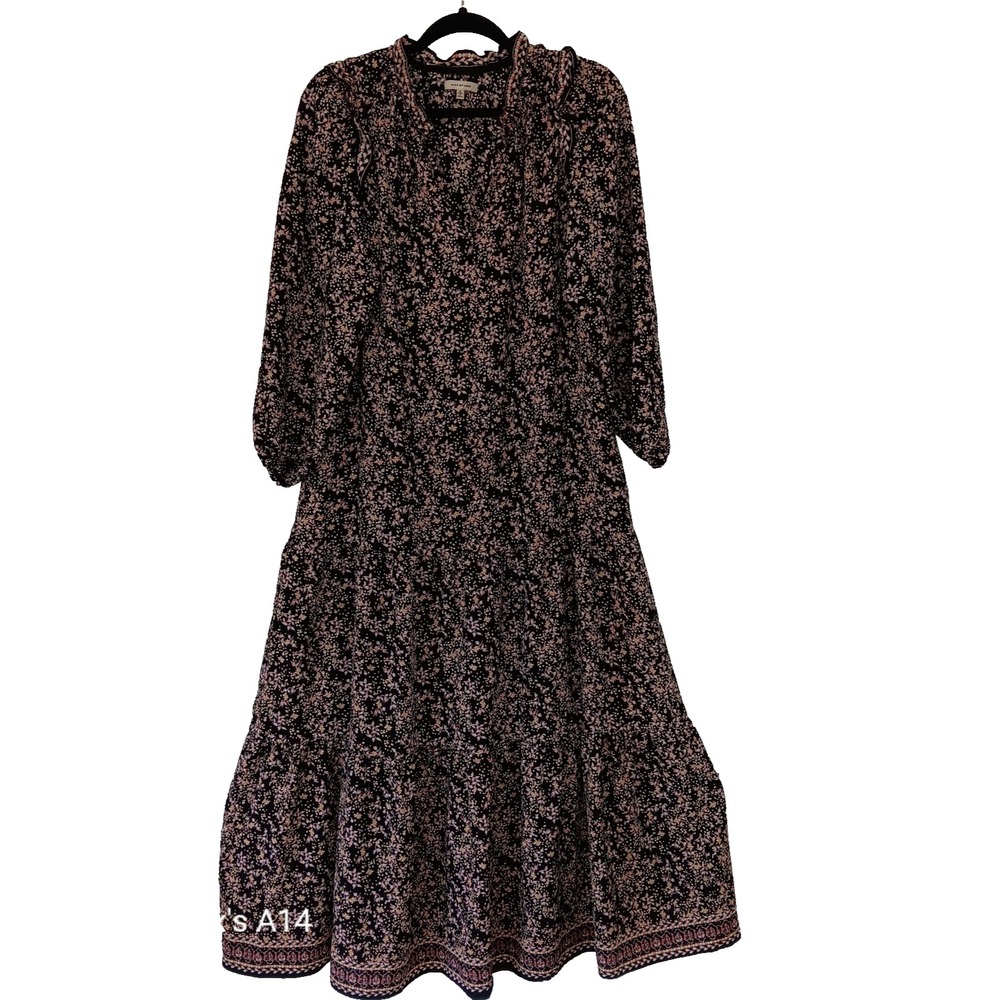 Max Studio Maxi Dress S Black Floral Ruffle Collar Tiered Boho Style Liquit Knit
